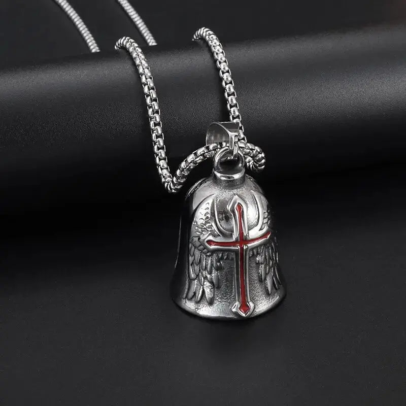 Red Cross Silver-Plated Wings Motorcycle Bell Pendant Necklace - Blade & Thread