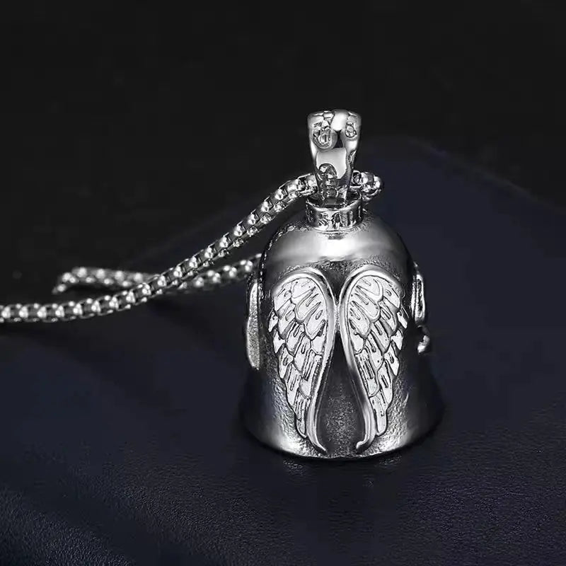 Red Cross Silver-Plated Wings Motorcycle Bell Pendant Necklace - Blade & Thread