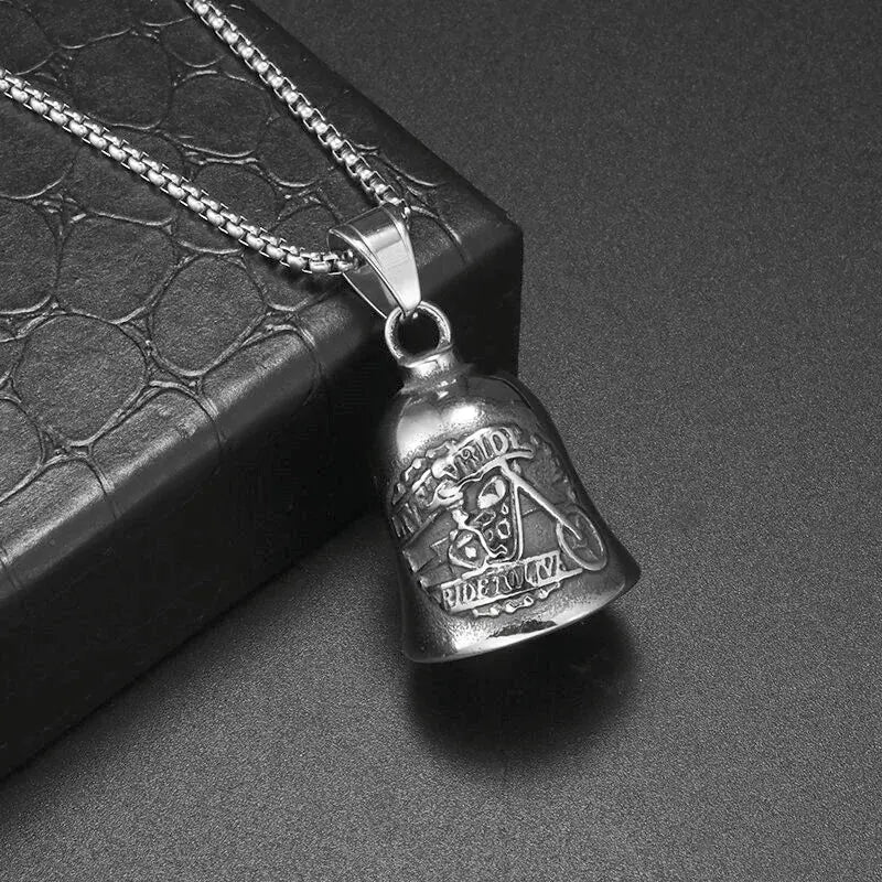 Red Cross Silver-Plated Wings Motorcycle Bell Pendant Necklace - Blade & Thread