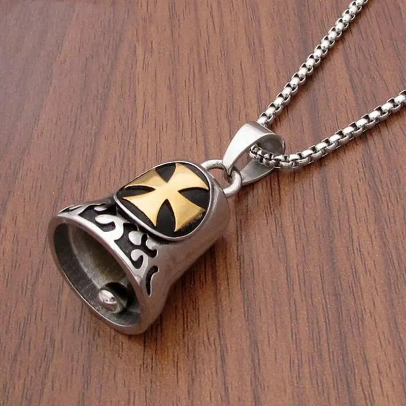 Red Cross Silver-Plated Wings Motorcycle Bell Pendant Necklace - Blade & Thread