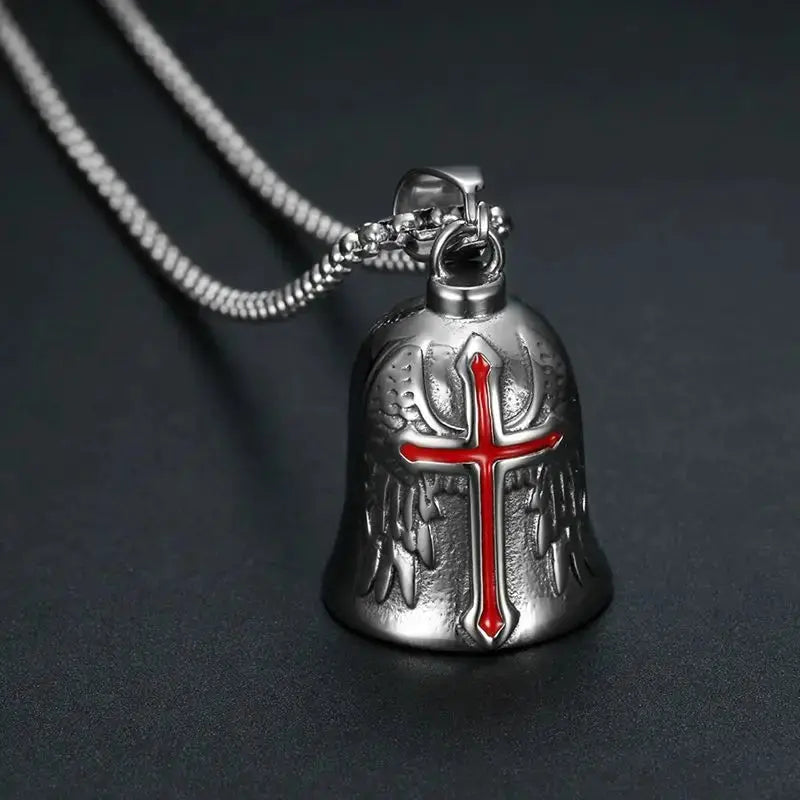 Red Cross Silver-Plated Wings Motorcycle Bell Pendant Necklace - Blade & Thread