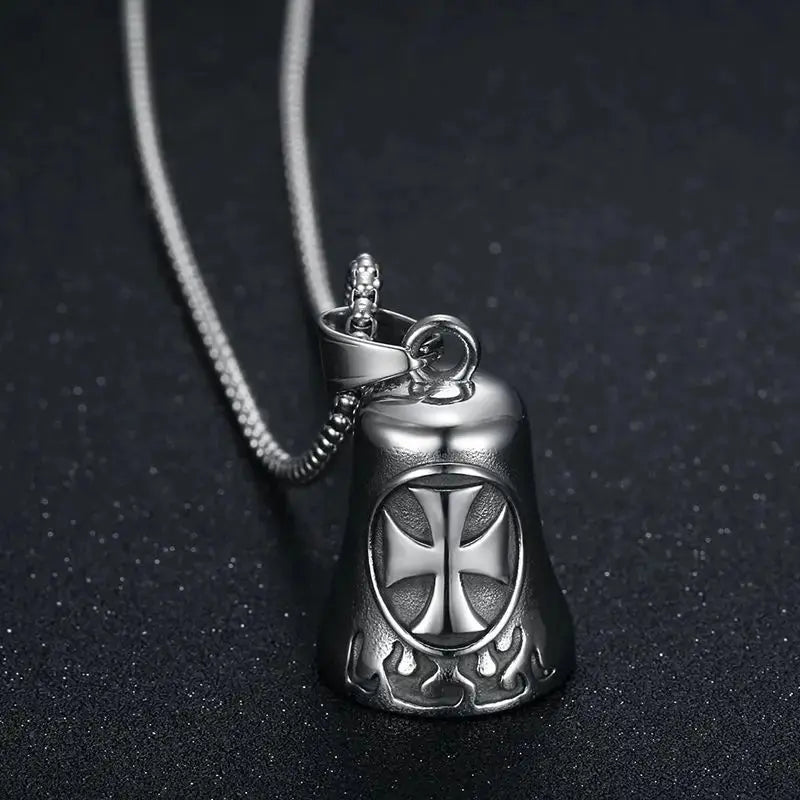 Red Cross Silver-Plated Wings Motorcycle Bell Pendant Necklace - Blade & Thread