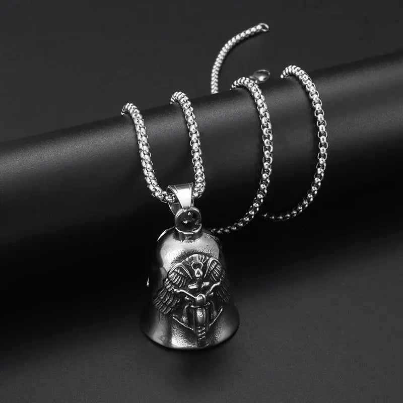 Red Cross Silver-Plated Wings Motorcycle Bell Pendant Necklace - Blade & Thread
