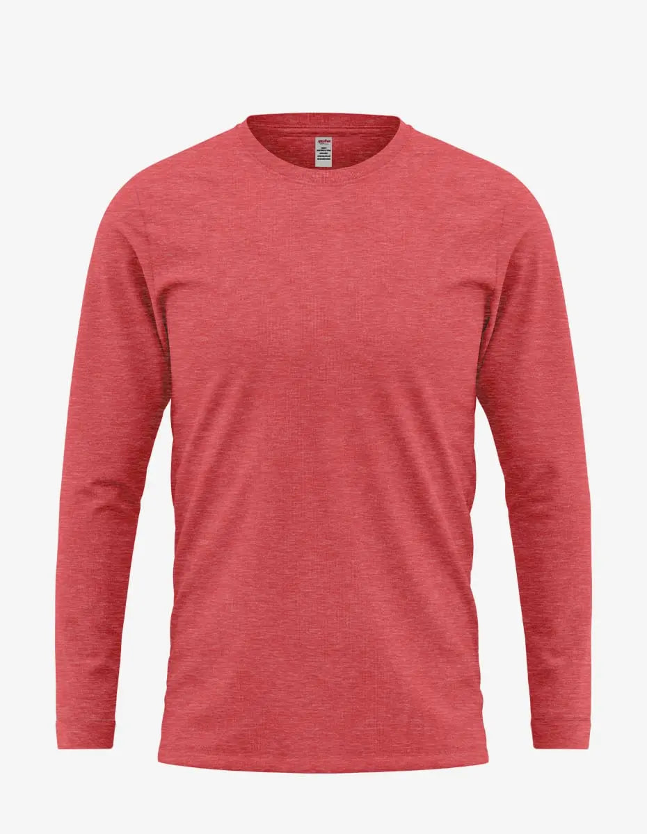 Men's red heather long sleeve T-shirt by SpectraUSA, front view showing casual fit and soft fabric texture.