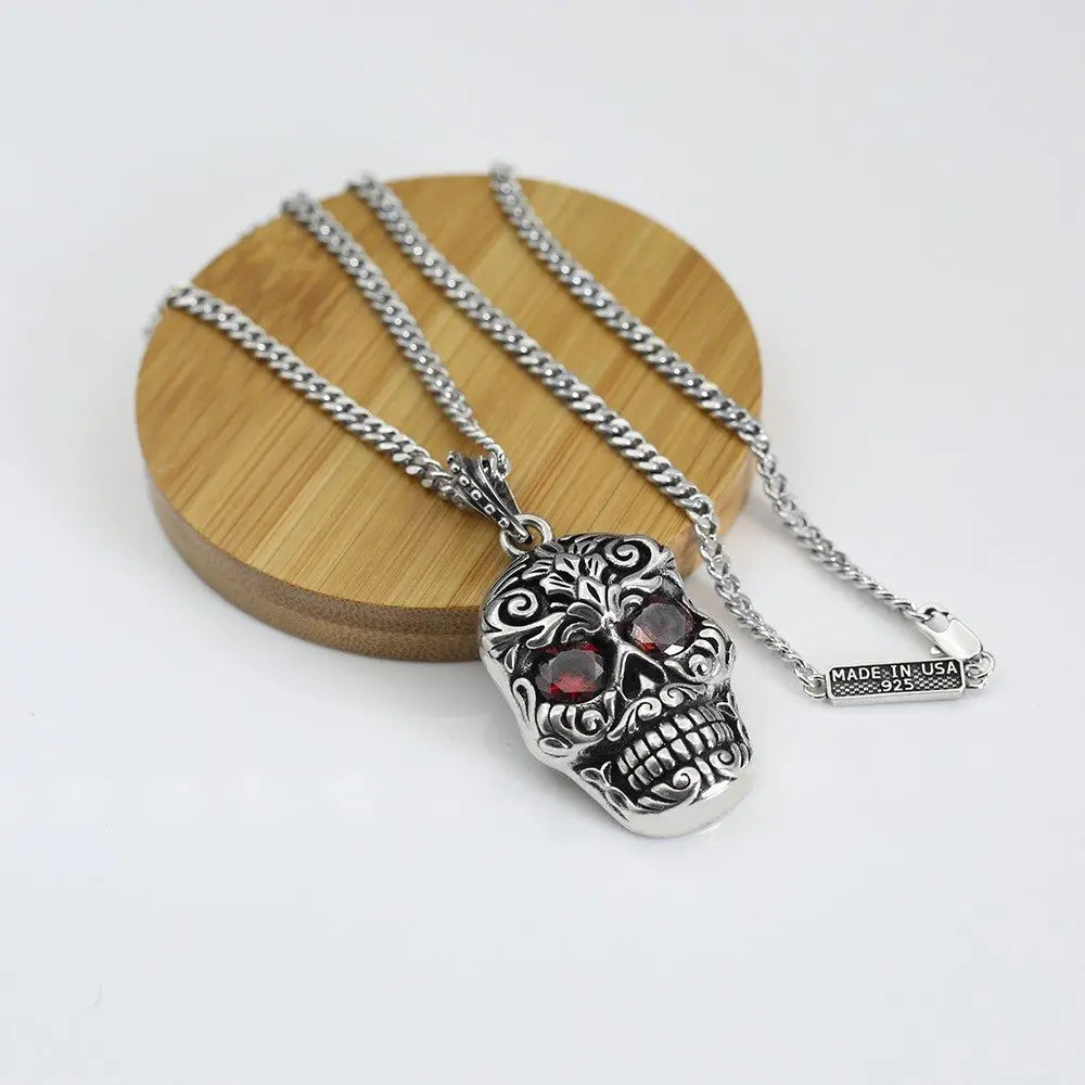 Retro Baroque garnet eye skull pendant - Blade & Thread