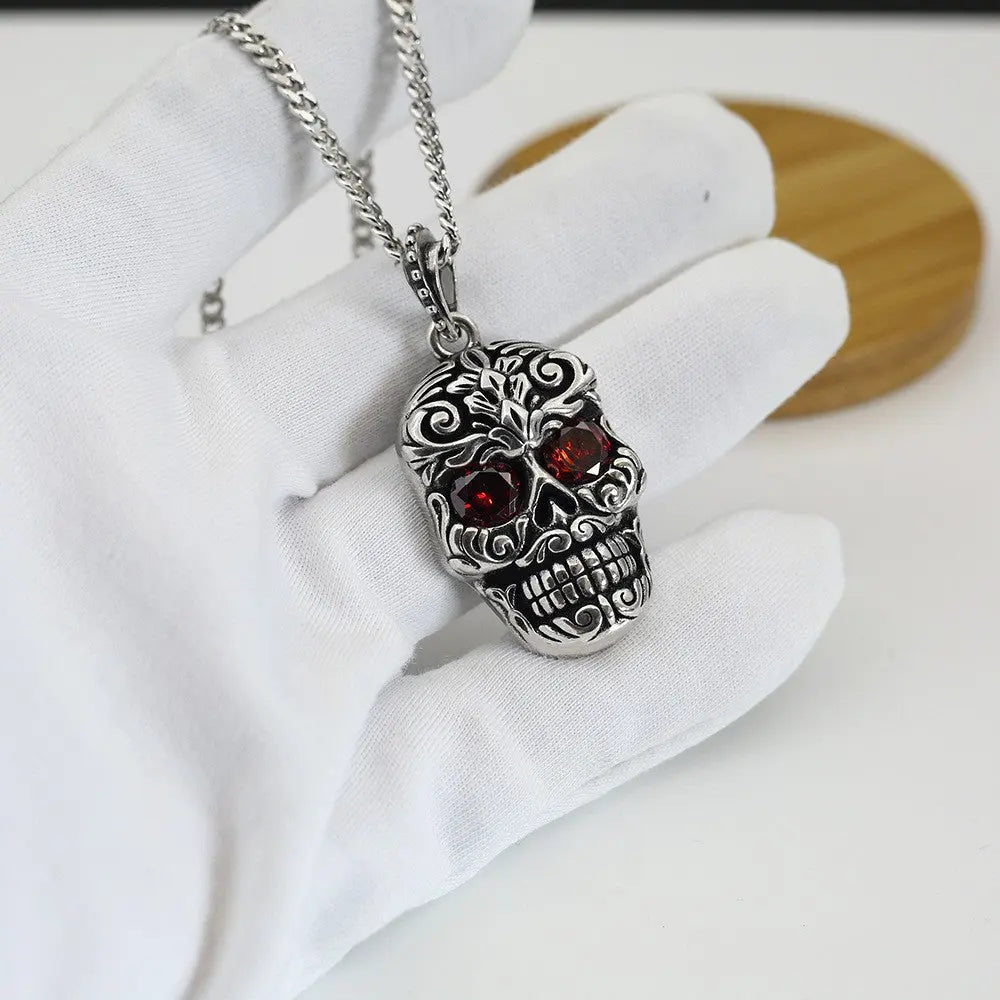 Retro Baroque garnet eye skull pendant - Blade & Thread