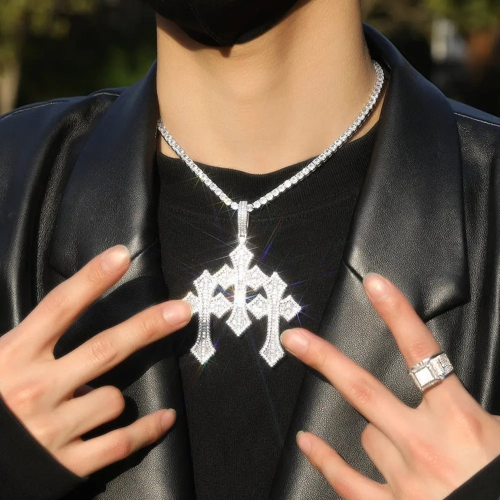 Retro Cross Pendant Fashionable Copper Inlaid Zirconia Necklace - Blade & Thread