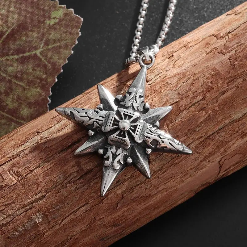 Retro Eight-Pointed Star Cross Cross Medal Pendant Nautical Compass Necklace - Blade & Thread