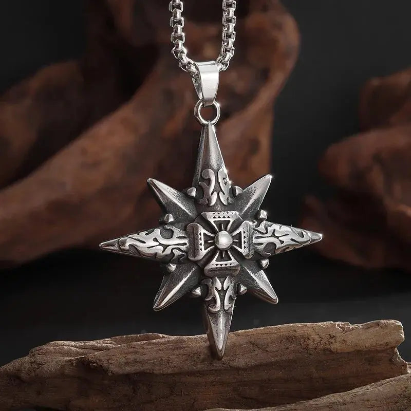 Retro Eight-Pointed Star Cross Cross Medal Pendant Nautical Compass Necklace - Blade & Thread