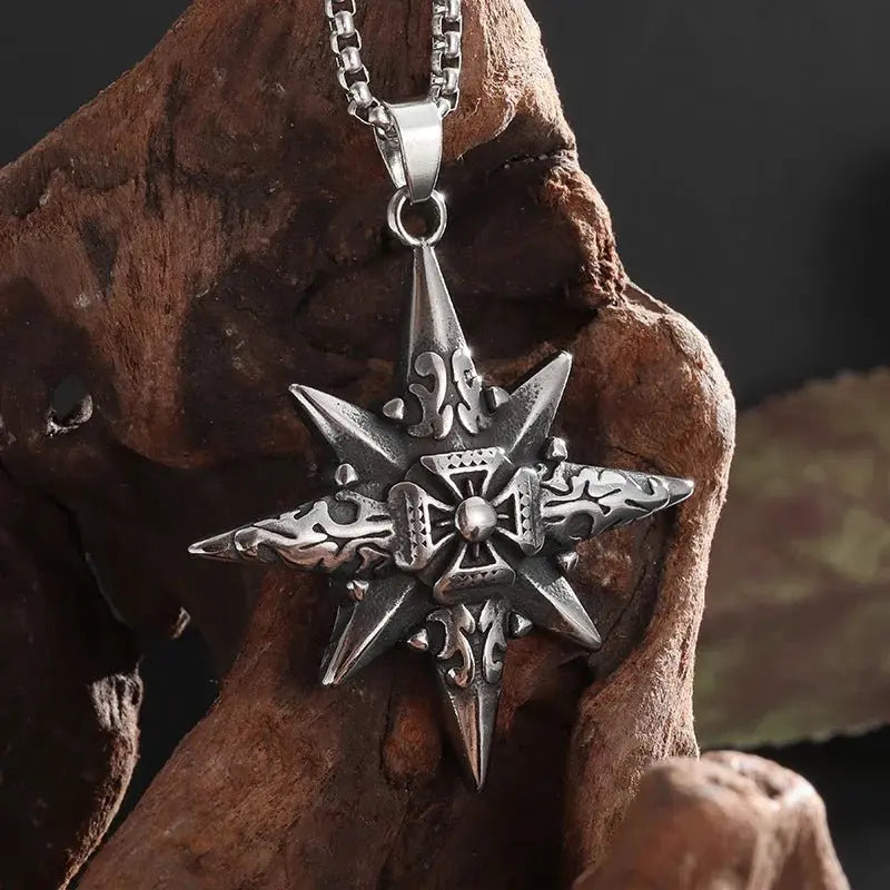 Retro Eight-Pointed Star Cross Cross Medal Pendant Nautical Compass Necklace - Blade & Thread