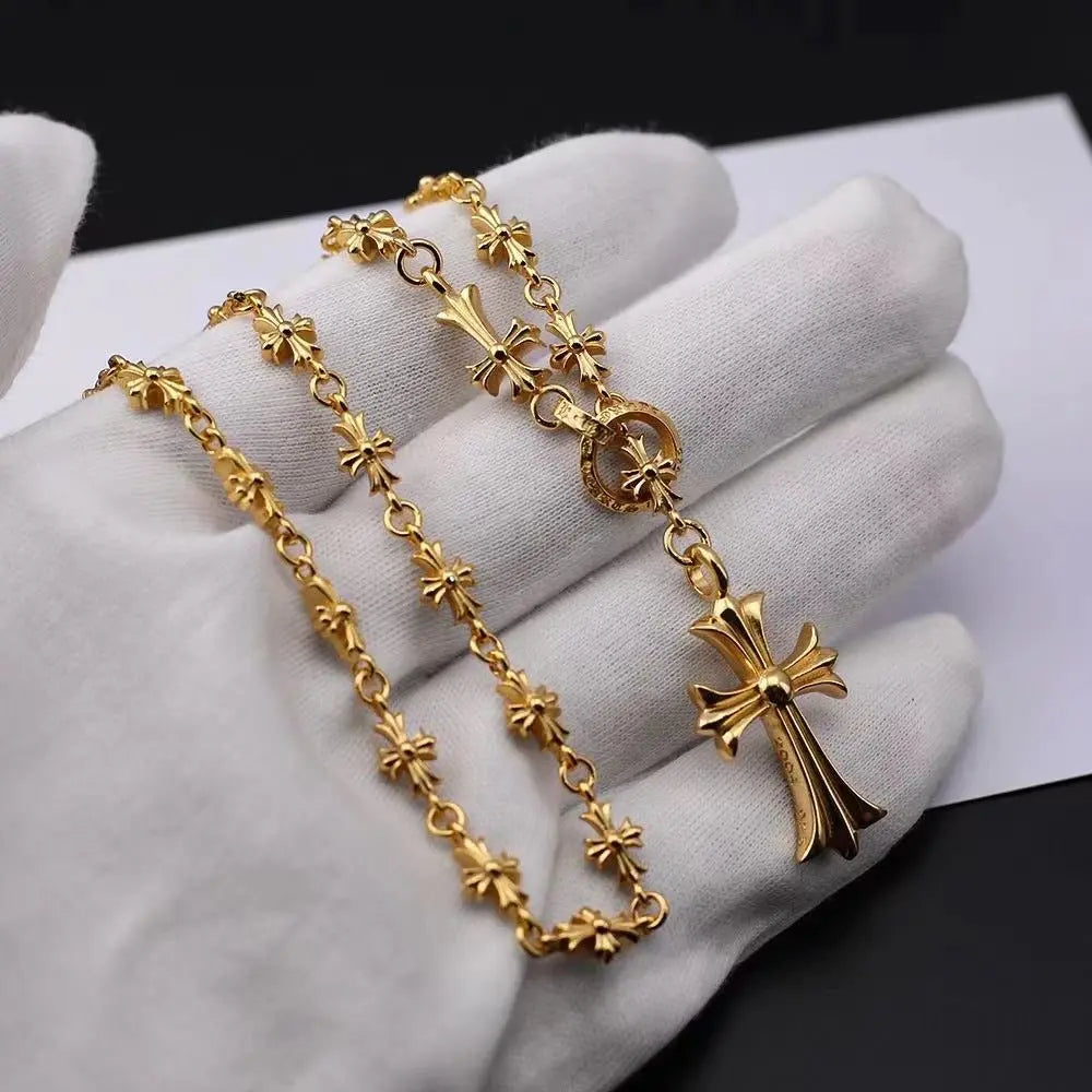 Retro gold silver cross flower necklace - Blade & Thread