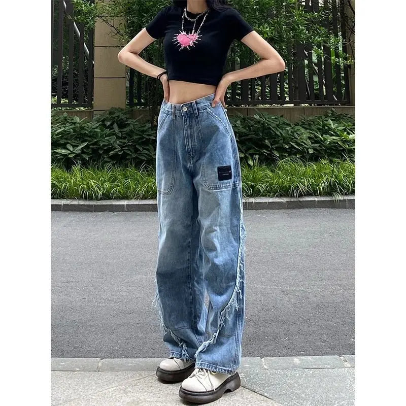 retro hip-hop letter embroidery jeans loose straight-leg pants wide-leg pants for men and women couples - Blade & Thread