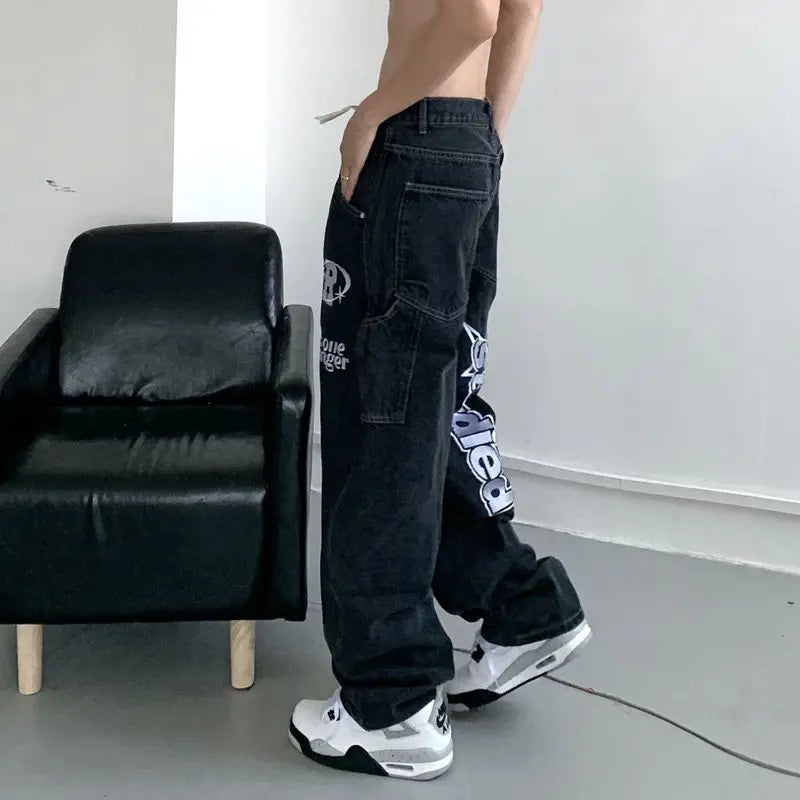 retro hip-hop letter embroidery jeans loose straight-leg pants wide-leg pants for men and women couples - Blade & Thread