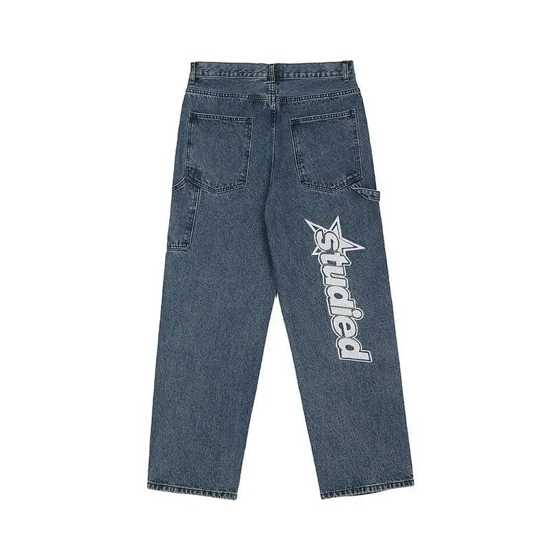 retro hip-hop letter embroidery jeans loose straight-leg pants wide-leg pants for men and women couples - Blade & Thread