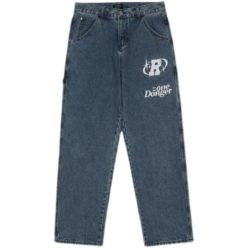 retro hip-hop letter embroidery jeans loose straight-leg pants wide-leg pants for men and women couples - Blade & Thread