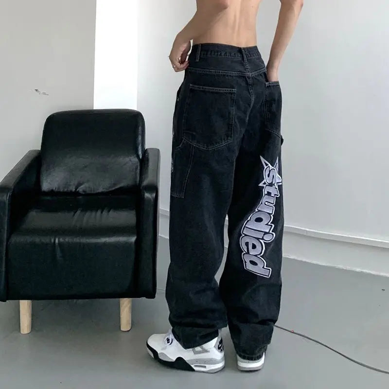 retro hip-hop letter embroidery jeans loose straight-leg pants wide-leg pants for men and women couples - Blade & Thread