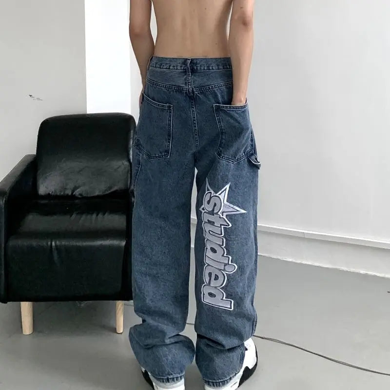 retro hip-hop letter embroidery jeans loose straight-leg pants wide-leg pants for men and women couples - Blade & Thread