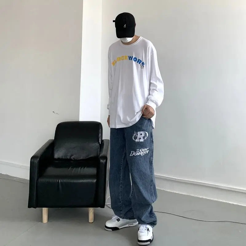 retro hip-hop letter embroidery jeans loose straight-leg pants wide-leg pants for men and women couples - Blade & Thread