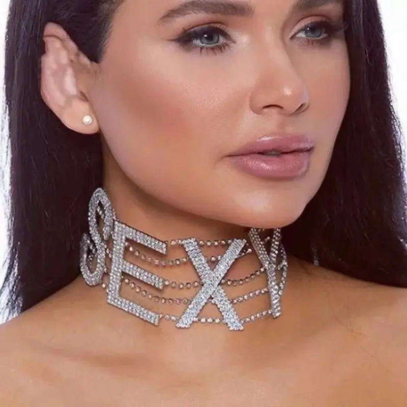 Rhinestone Collar Choker Personality English Letter SEXY Neckchain - Blade & Thread