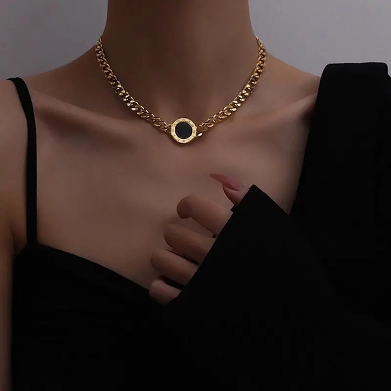 Roman Numerals Black Round Necklace Gold Silver Color Thick Statement Necklaces - Blade & Thread