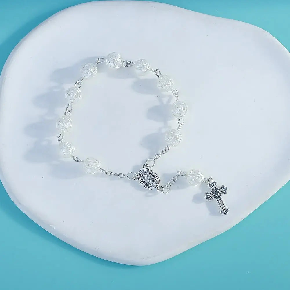 rosary bracelet angel rose pearl gift - Blade & Thread