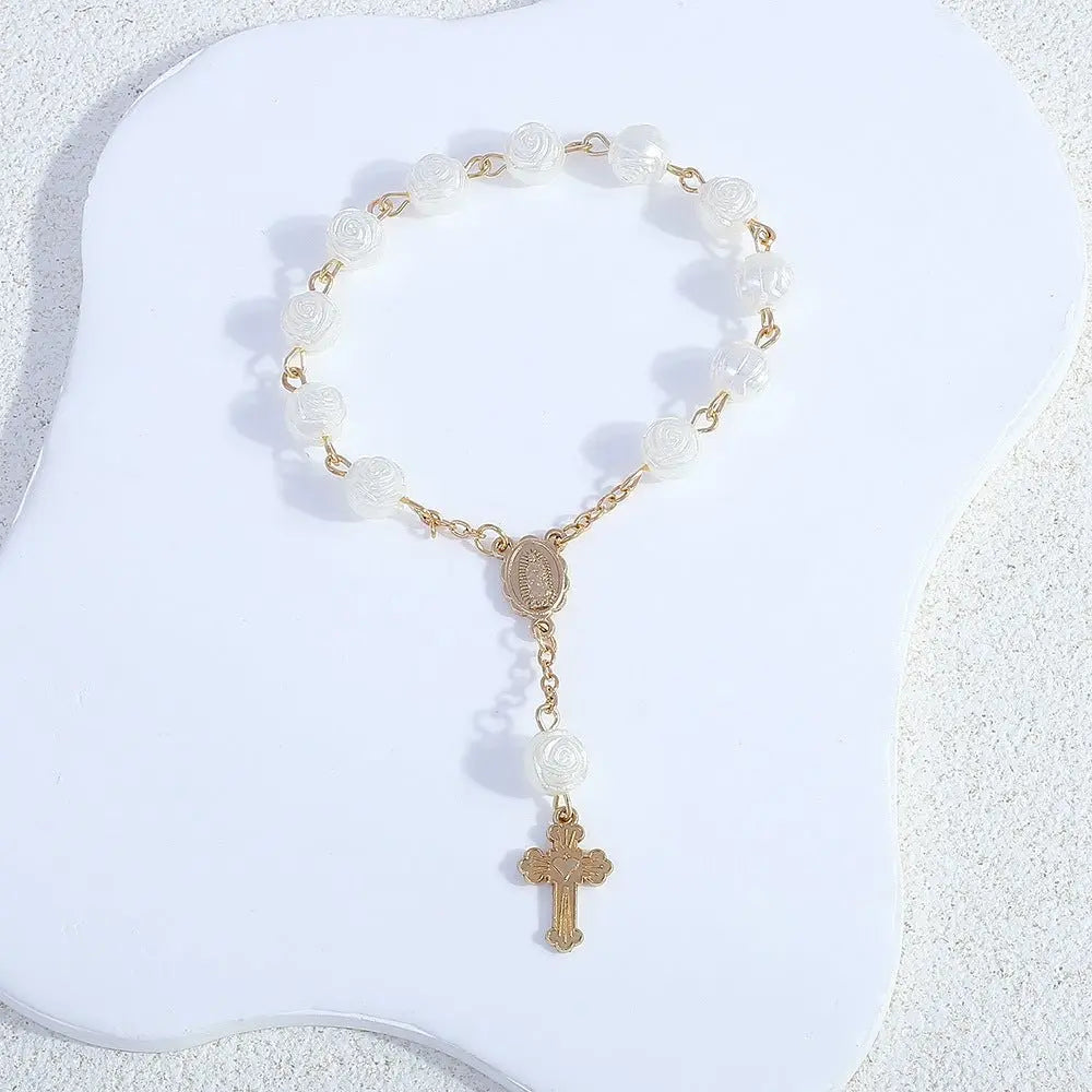 rosary bracelet angel rose pearl gift - Blade & Thread
