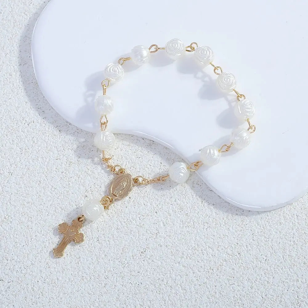 rosary bracelet angel rose pearl gift - Blade & Thread