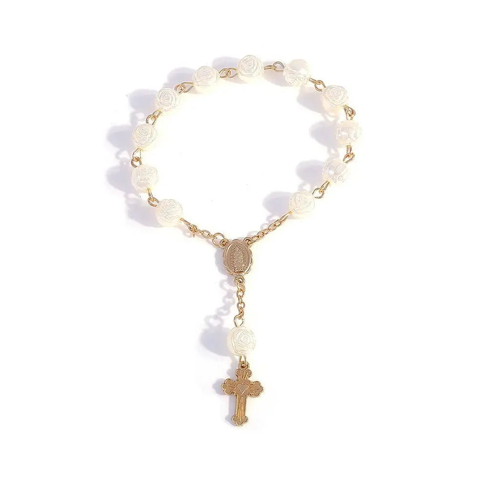 rosary bracelet angel rose pearl gift - Blade & Thread