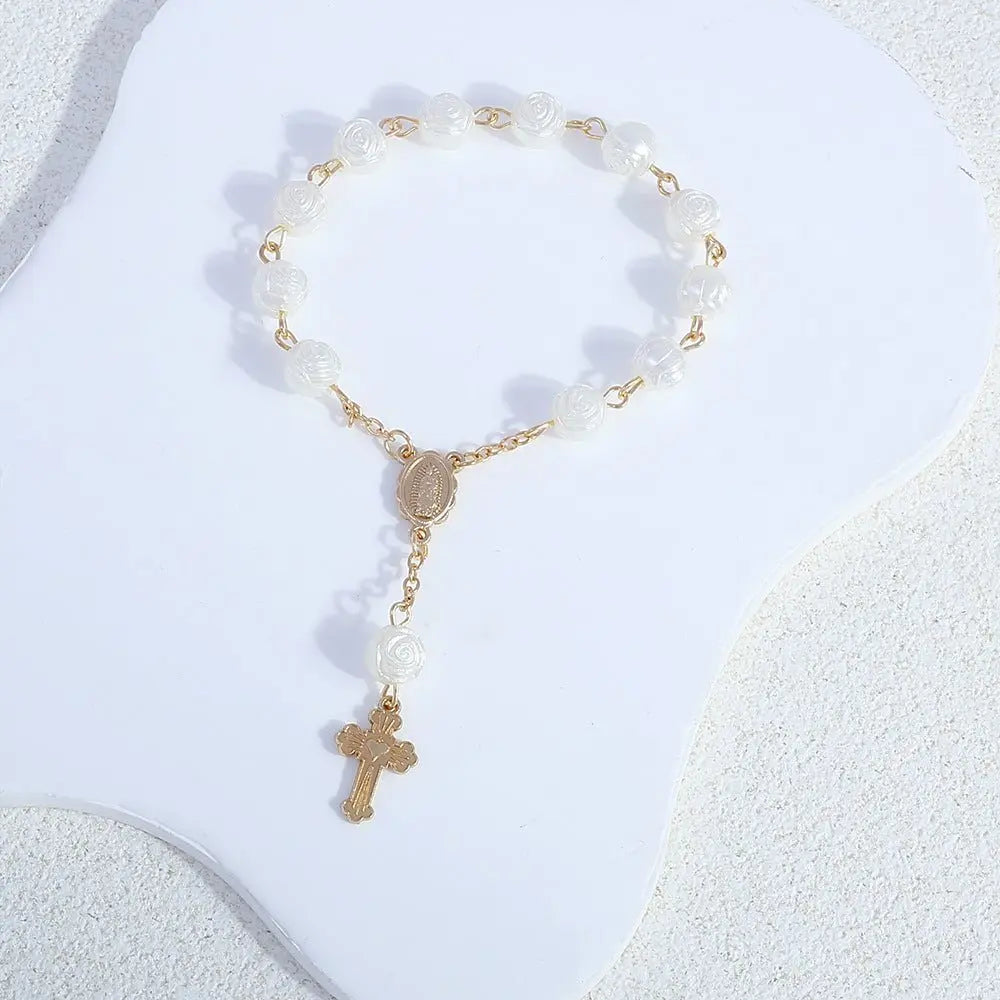 rosary bracelet angel rose pearl gift - Blade & Thread