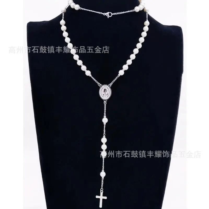 rosary necklace 6mm cross necklace - Blade & Thread