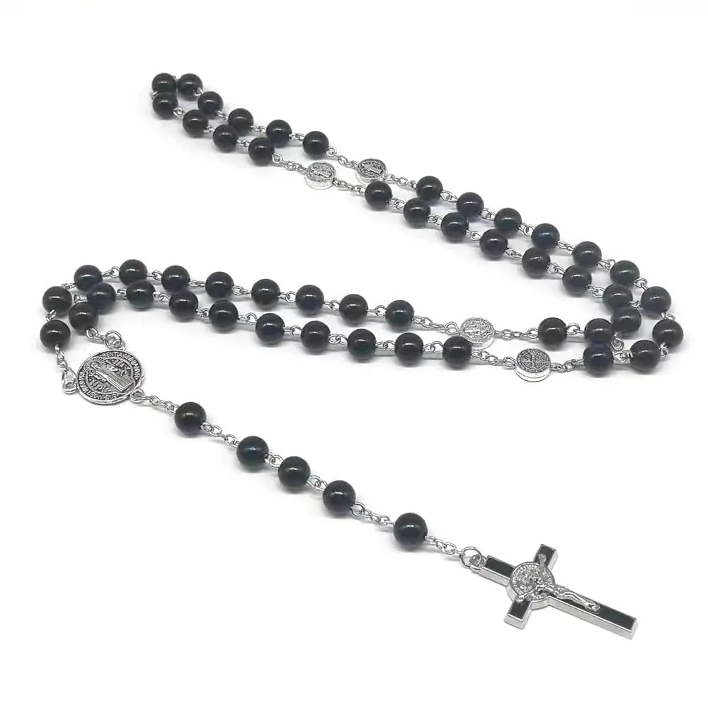 rosary necklace black and white round beads - Blade & Thread