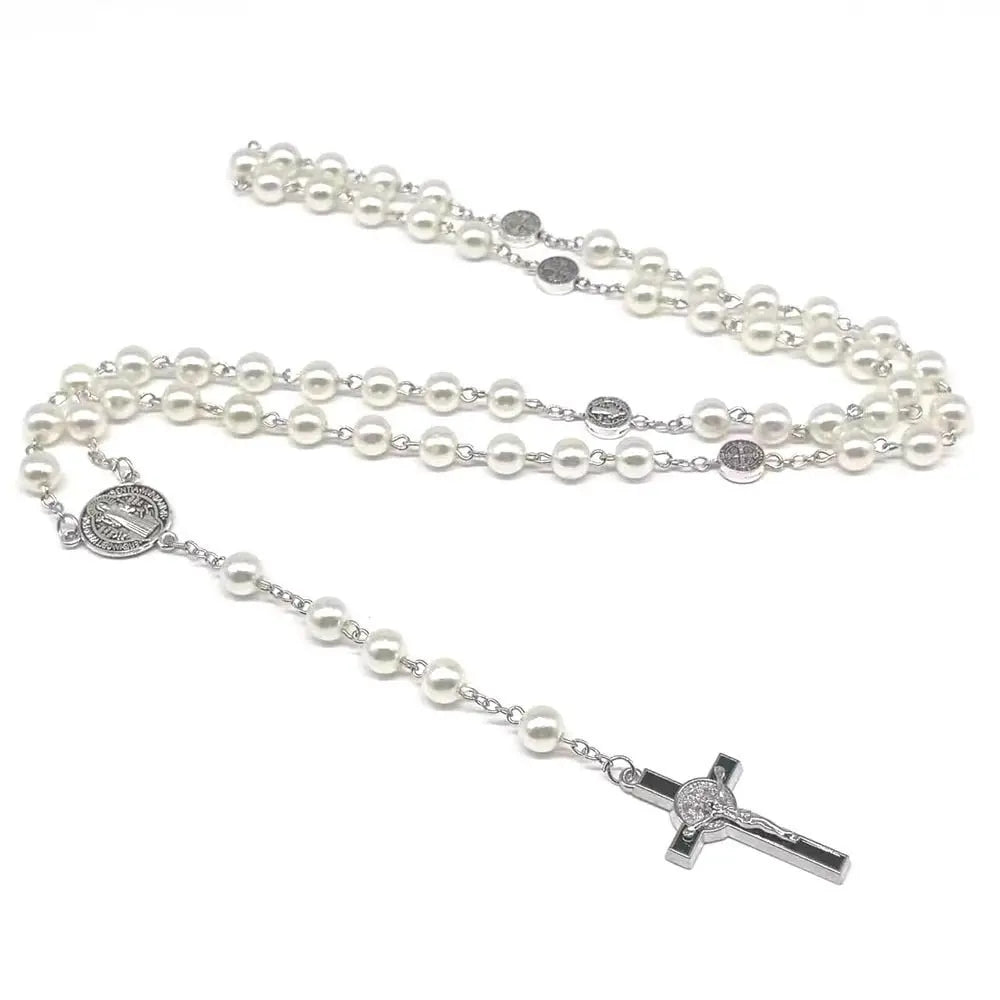 rosary necklace black and white round beads - Blade & Thread