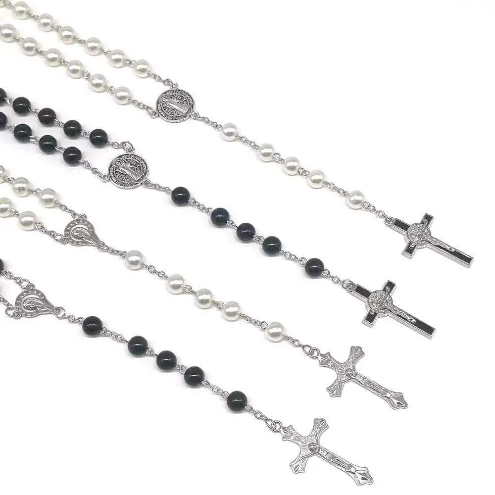 rosary necklace black and white round beads - Blade & Thread