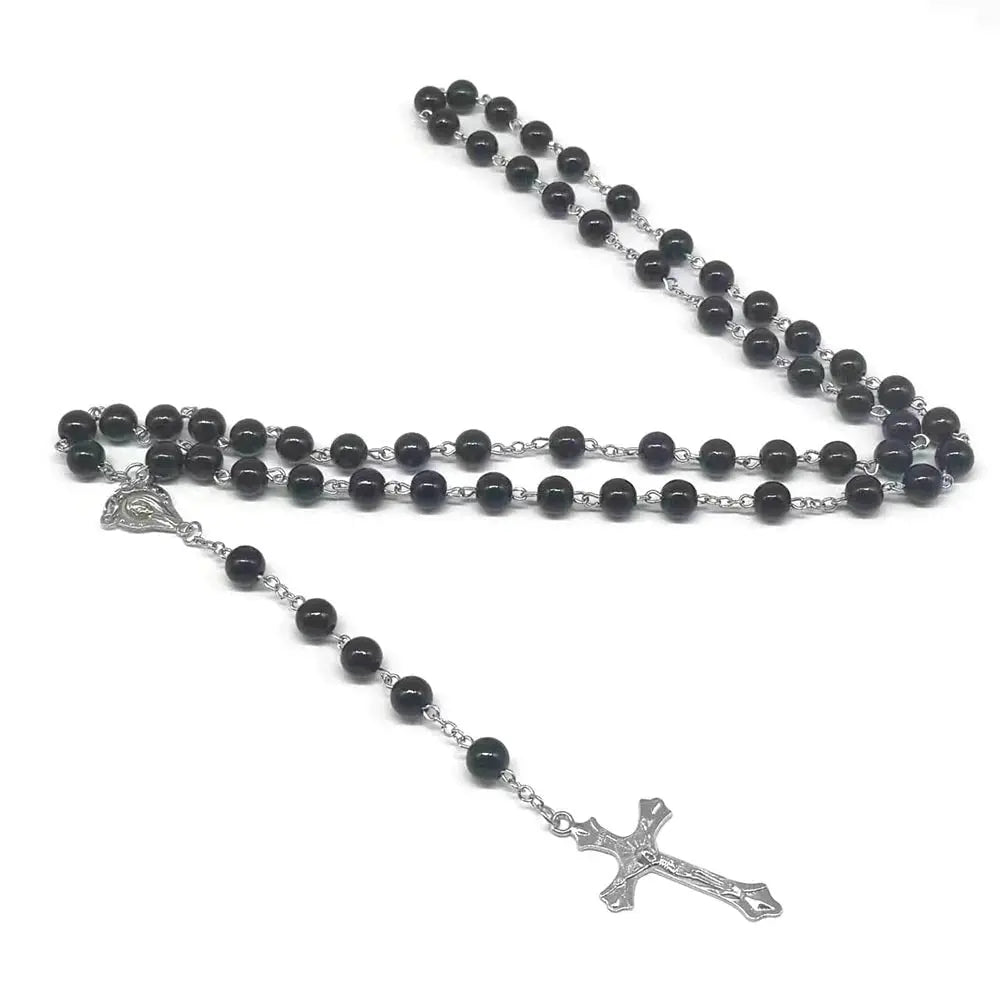 rosary necklace black and white round beads - Blade & Thread
