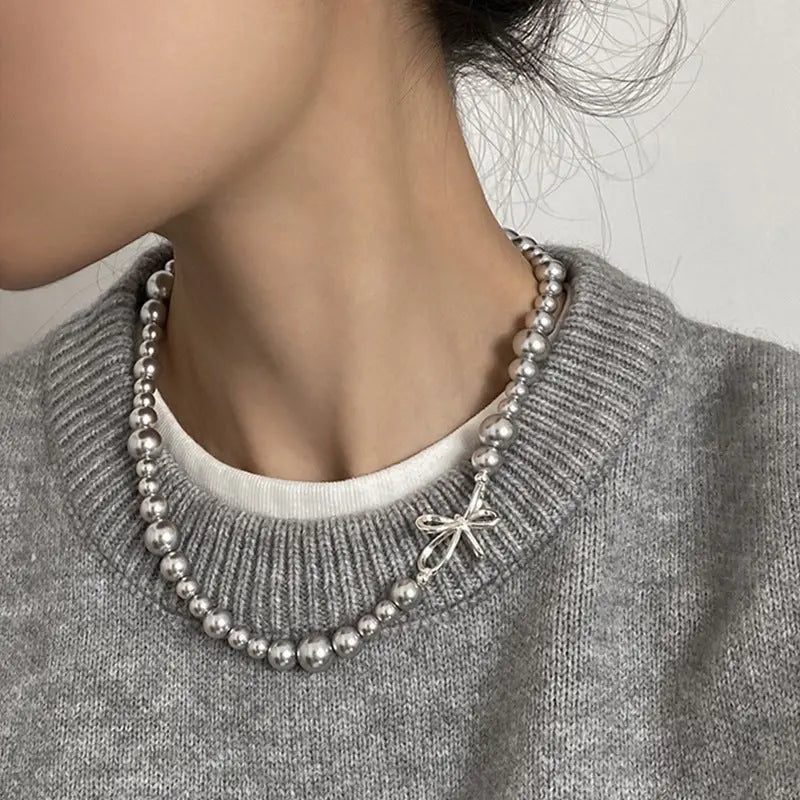 rosary necklace Bow-knot irregular pearl necklace - Blade & Thread