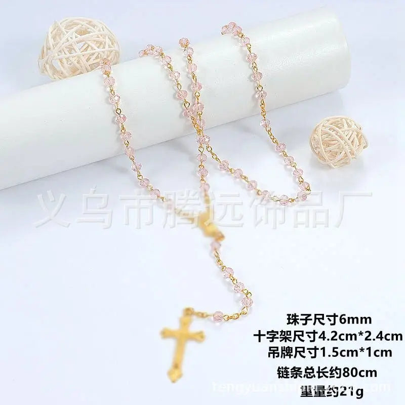 rosary necklace colorful pink crystal necklace - Blade & Thread