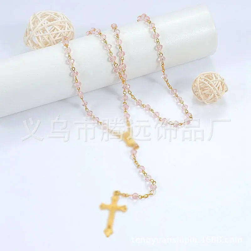 rosary necklace colorful pink crystal necklace - Blade & Thread