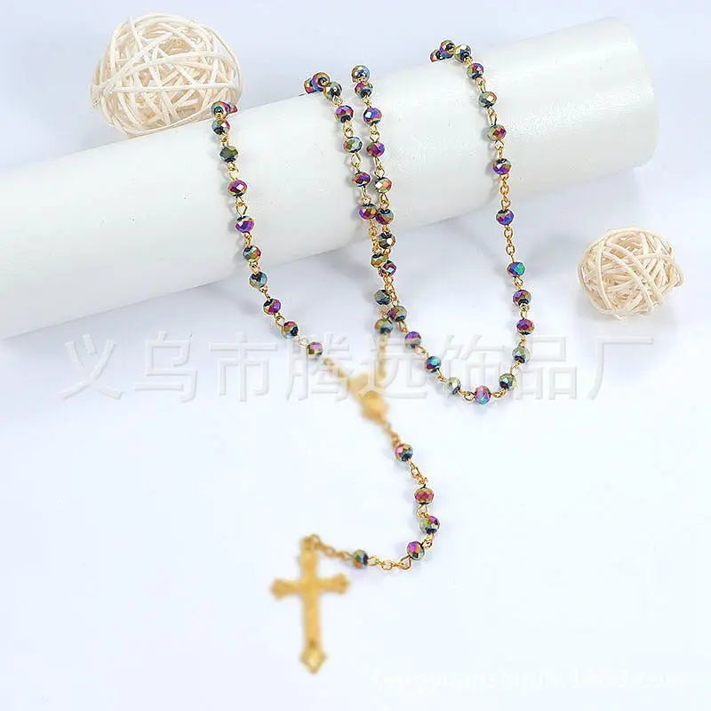 rosary necklace colorful pink crystal necklace - Blade & Thread