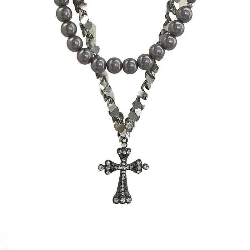 rosary necklace Gray pearl cross necklace - Blade & Thread