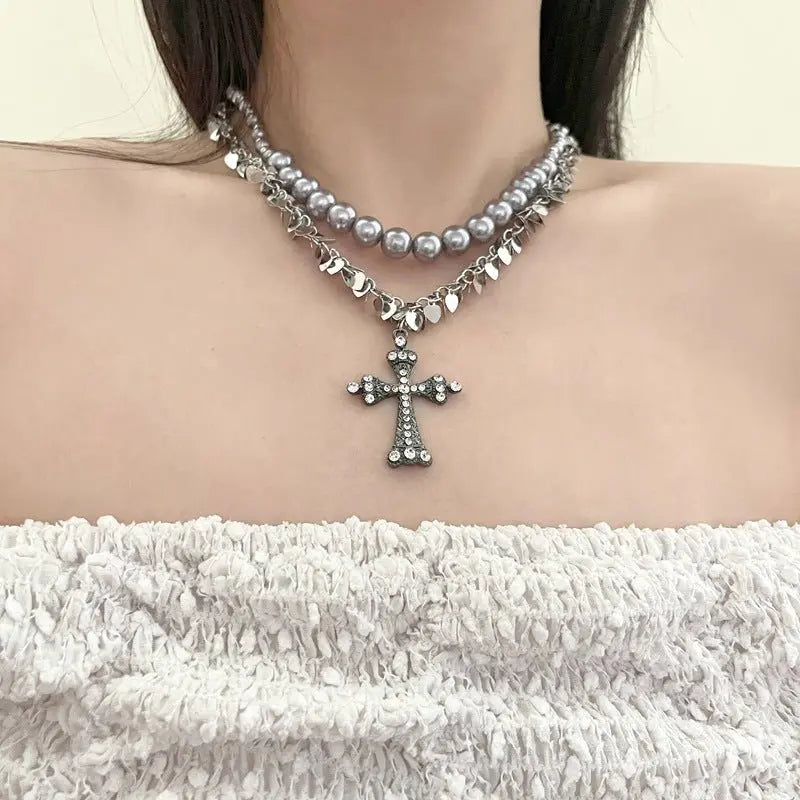 rosary necklace Gray pearl cross necklace - Blade & Thread
