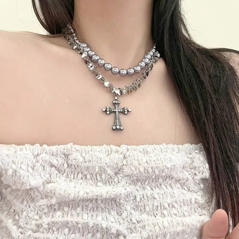 rosary necklace Gray pearl cross necklace - Blade & Thread