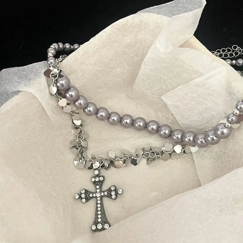 rosary necklace Gray pearl cross necklace - Blade & Thread