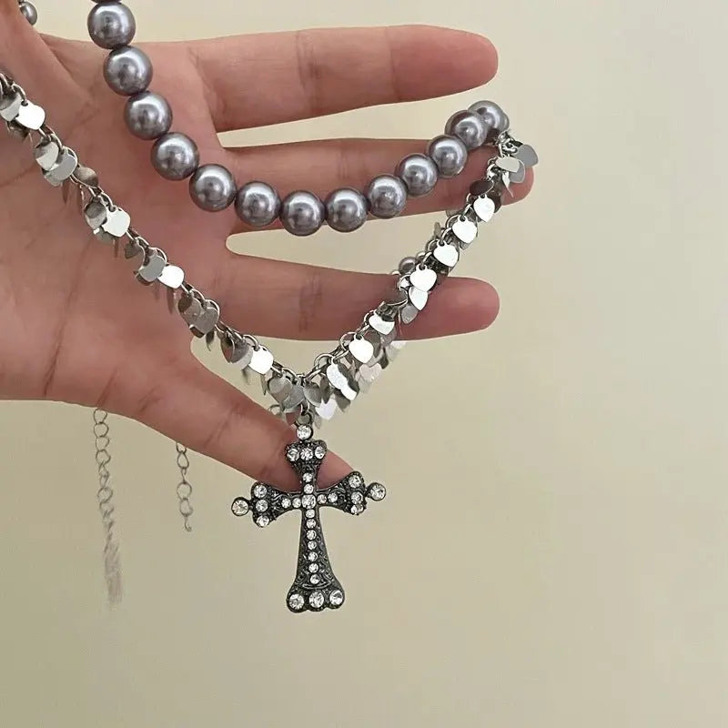 rosary necklace Gray pearl cross necklace - Blade & Thread