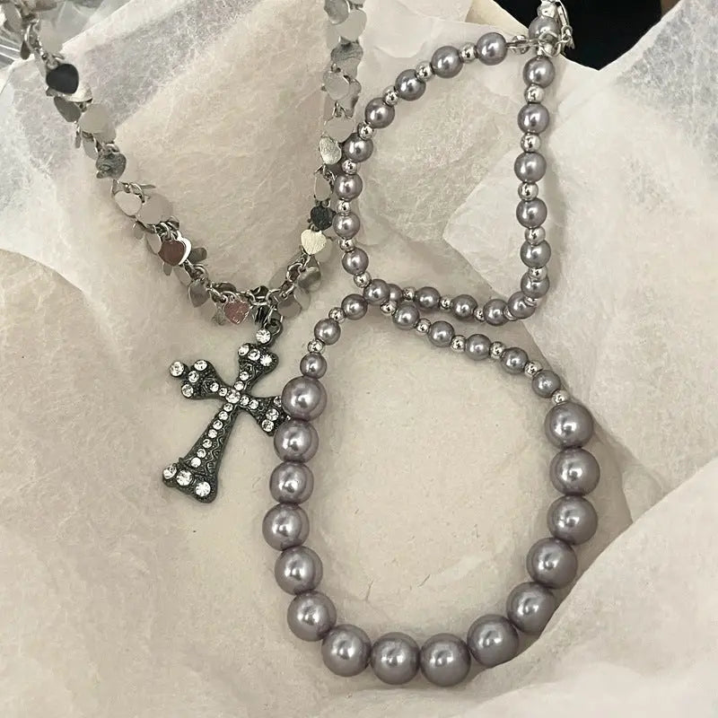 rosary necklace Gray pearl cross necklace - Blade & Thread
