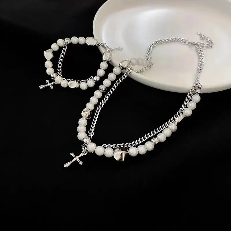 rosary necklace Reflective pearl cross necklace - Blade & Thread