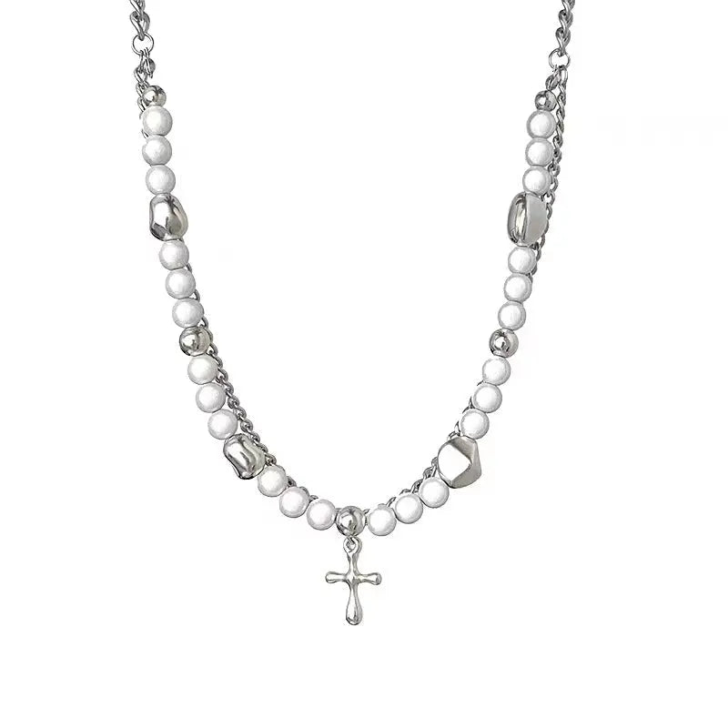 rosary necklace Reflective pearl cross necklace - Blade & Thread