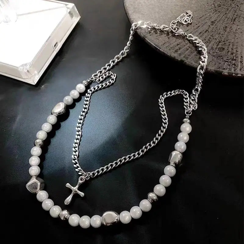 rosary necklace Reflective pearl cross necklace - Blade & Thread