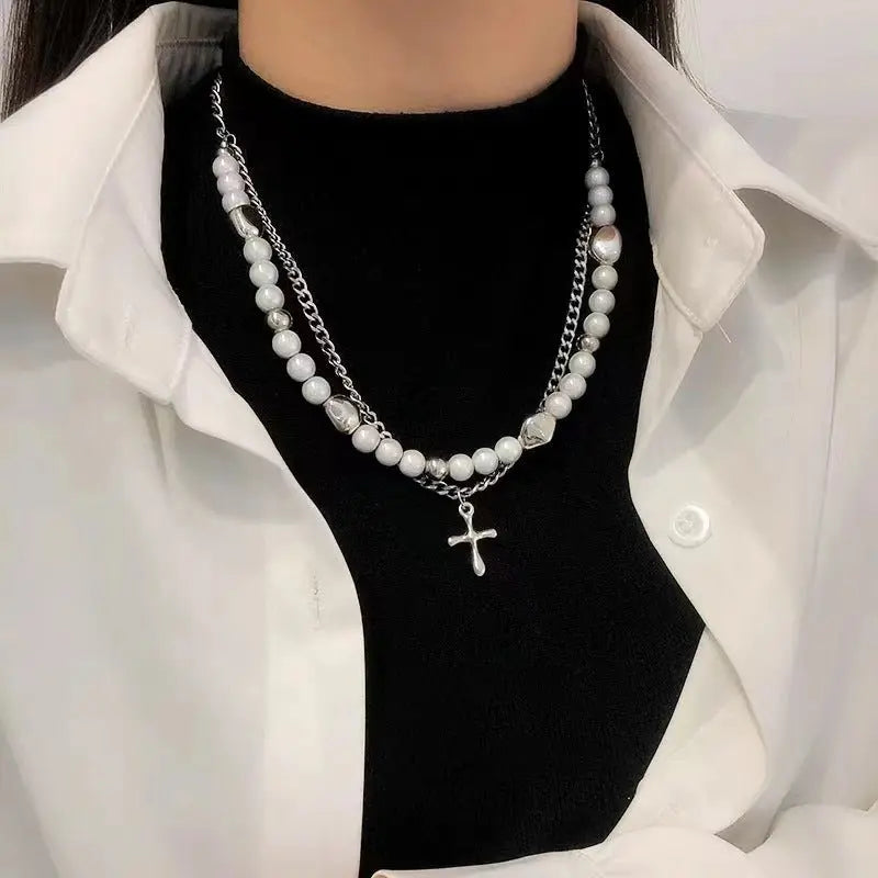 rosary necklace Reflective pearl cross necklace - Blade & Thread