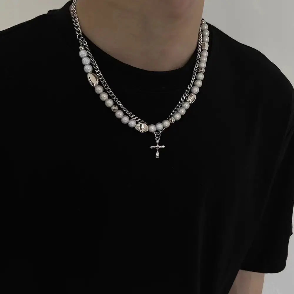 rosary necklace Reflective pearl cross necklace - Blade & Thread