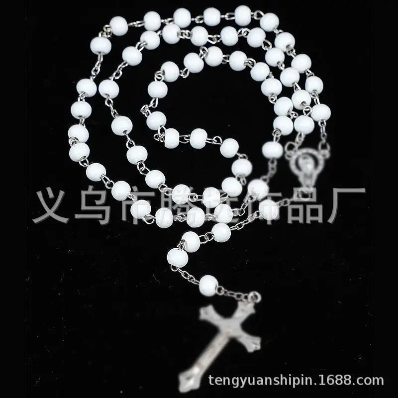 rosary necklace white wooden beads necklace - Blade & Thread